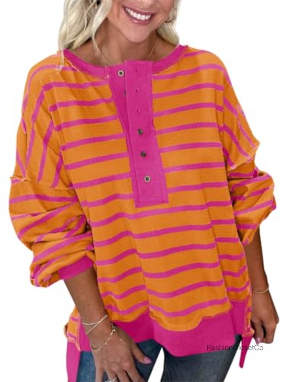 Oversized Striped Henley Sweatshirt Waffle Knit Long Sleeve Pullover - Picture 5 of 6